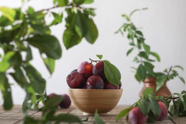 Fresh plum. Harvest. Autumn harvest. Autumn. Blue plums. Fresh plums on a wooden surface. Fresh plums on wooden table background.