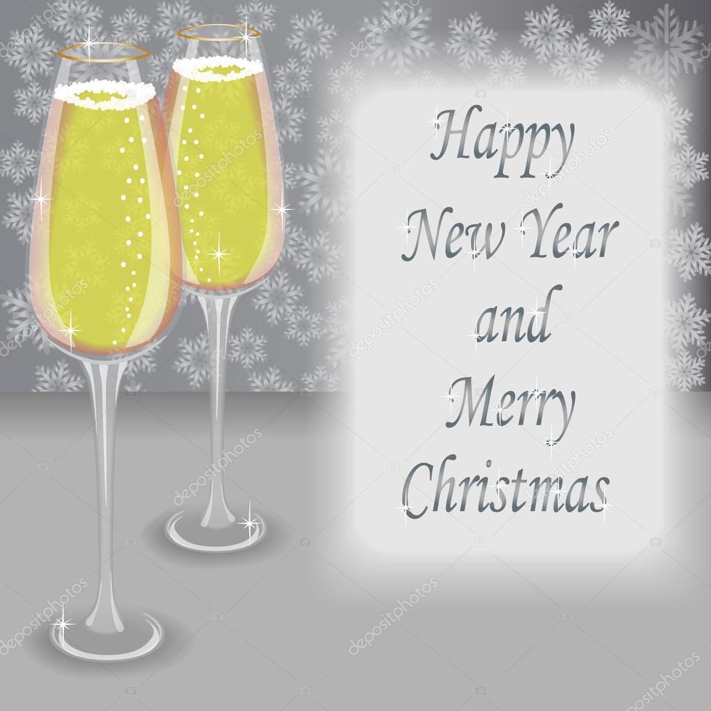 Happy New Year and Merry Christmas, greeting card with champagne
