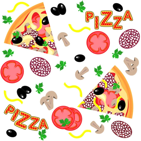 Vector seamless pattern - pizza ingredients and pizza slices — Stock Vector