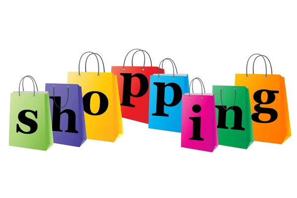 Комплект торговых мешков со словом шоппинг на белом фоне — стоковый вектор