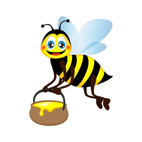 Linda abeja divertida brillante llevando un frasco de miel, ilustración vectorial aislada sobre fondo blanco — Vector de stock