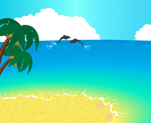 Ilustração vetorial Ilha desabitada com palmas, oceano e golfinhos brincando nas ondas —  Vetores de Stock