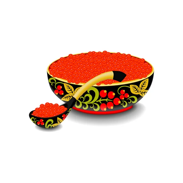 Caviar rouge sur la cuillère en bois et bol peint dans le style traditionnel "hohloma" isolé sur le blanc — Image vectorielle