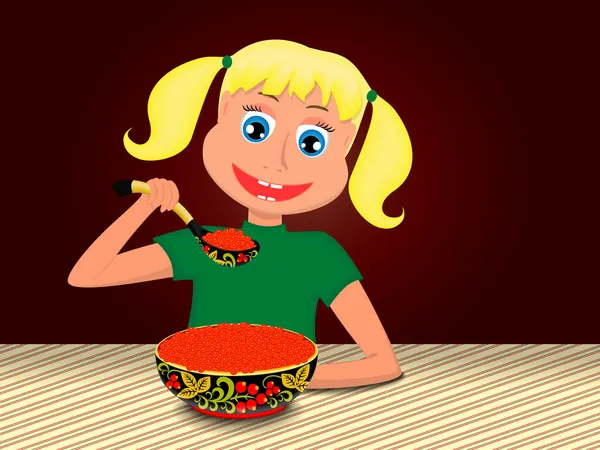 Niña feliz disfrutando comiendo caviar rojo cuchara de madera — Vector de stock