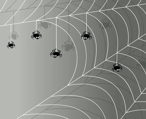 Fondo gris con arañas y telaraña. Ilustración vectorial con un lugar para su texto — Archivo Imágenes Vectoriales