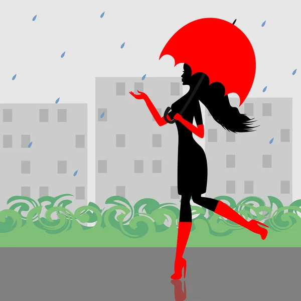 Модная девушка идет по улице с зонтиком в руке — стоковый вектор