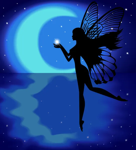 Silhouette fairy girl holding a star on a background with the moon — Stock Vector