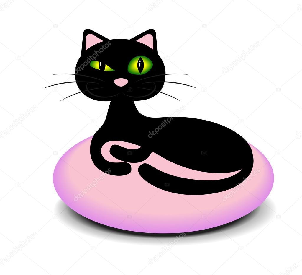 Elegant black cat lying on a pink pillow and screws up his eyes