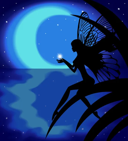 Silhouette fille de fée tenant une étoile sur un fond avec la lune — Image vectorielle