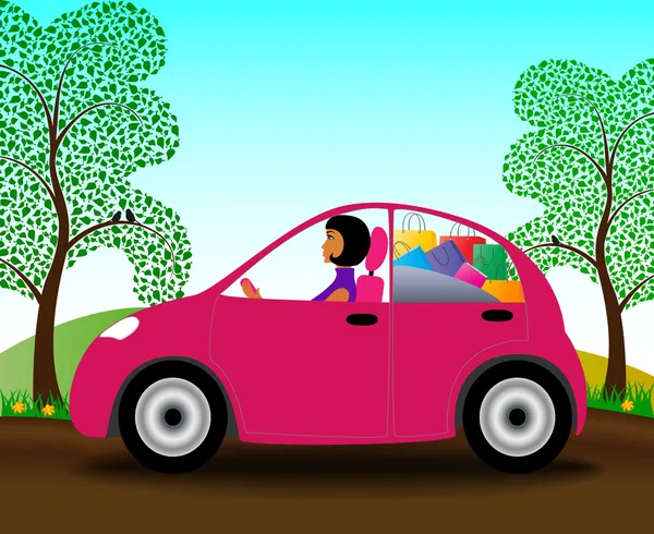 美丽的女孩购物的粉色车方向盘 — 图库矢量图片