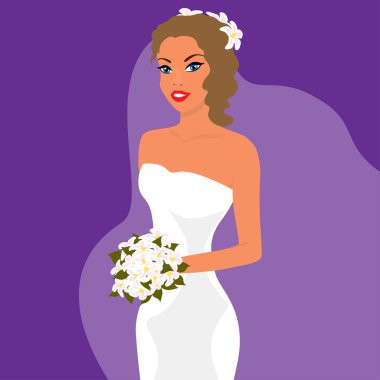 bir gelinlik ve peçe bir buket ile güzel bir genç kadın