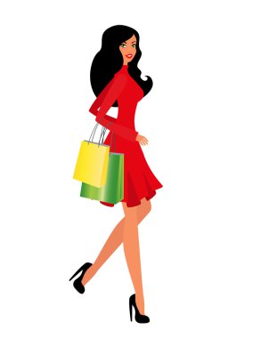 mutlu kadın gelir shopping, mağaza dışında vektör çizimi