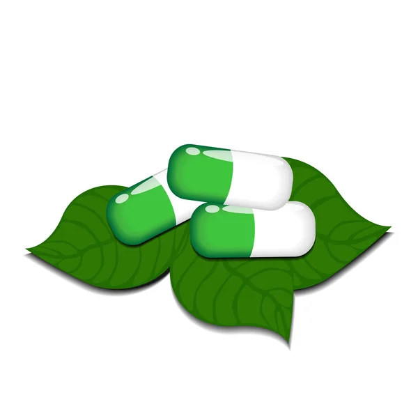 Three natural medical pills with green leaves — Stock Vector