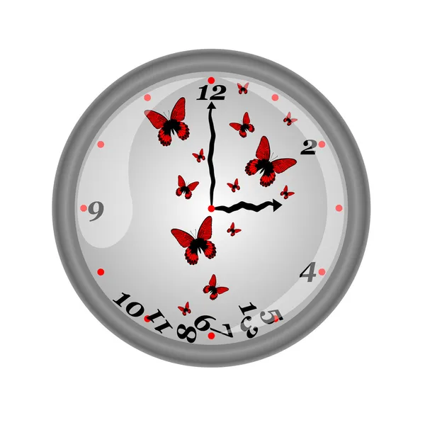 Красивые настенные часы с трепещущими бабочками, векторная иллюстрация — стоковый вектор