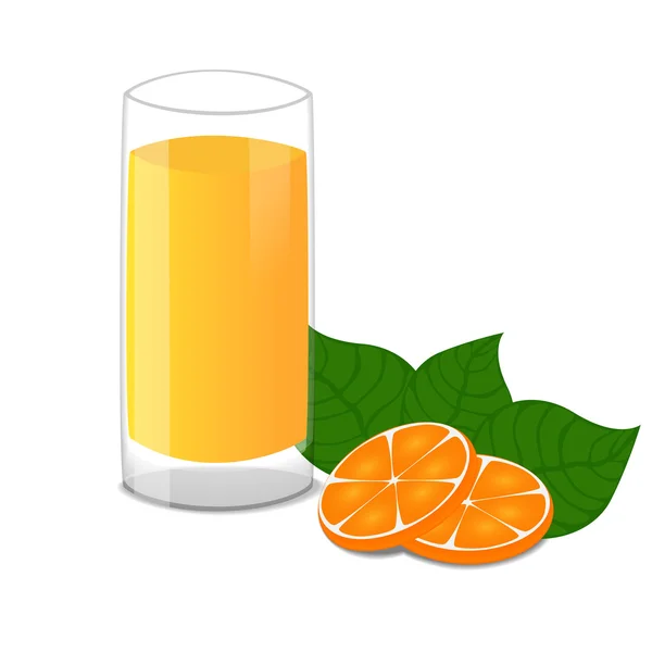 Jugo de naranja fresco en un vaso transparente con rodajas de naranja — Vector de stock
