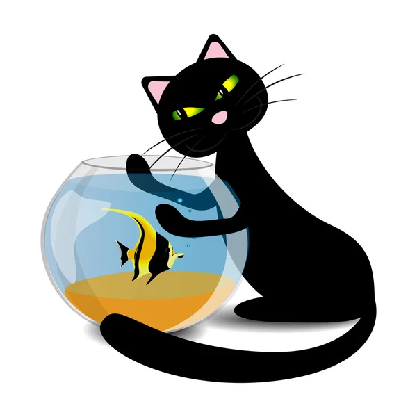 Zwarte kat wil vangen van de vis in het aquarium, vector illustratie — Stockvector