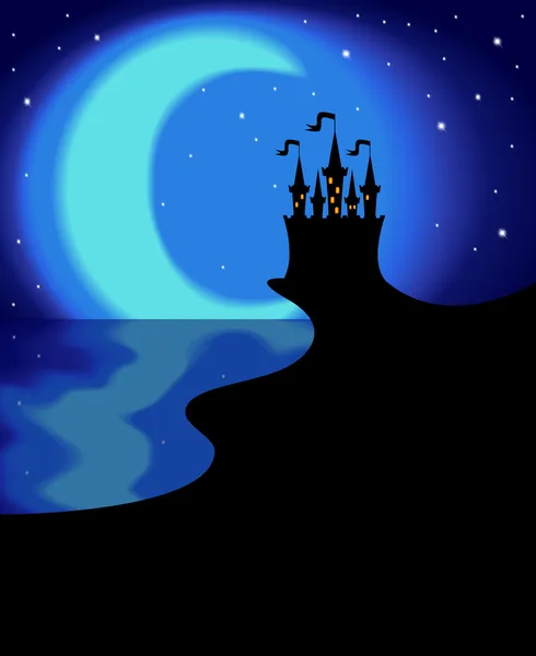 Paisaje nocturno: un castillo de cuento de hadas en el fondo de la luna y las estrellas, ilustración vectorial — Vector de stock