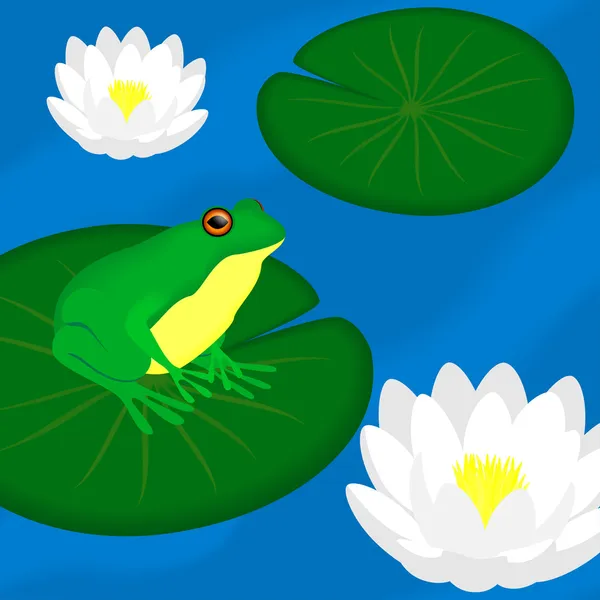 Grüner Frosch sitzt auf einem Blatt in einem Teich, Vektorillustration — Stockvektor