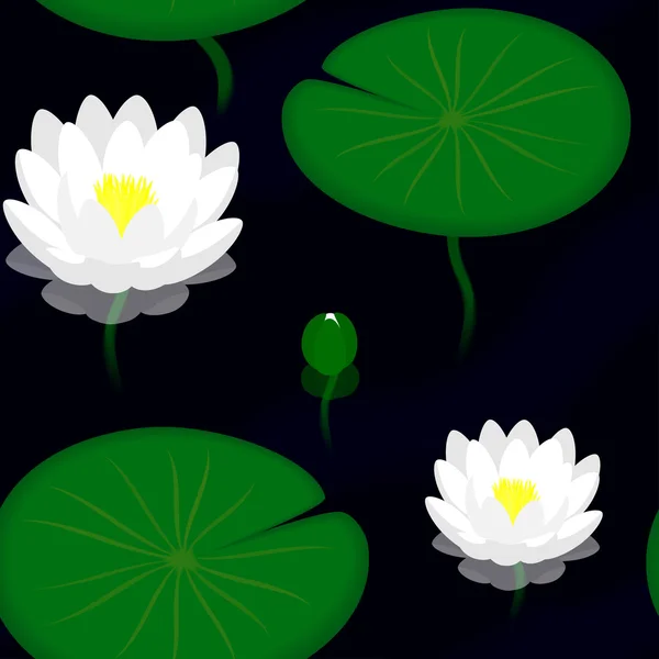 Seamless pattern - Evening pond with lilies, vector illustration — Stock Vector