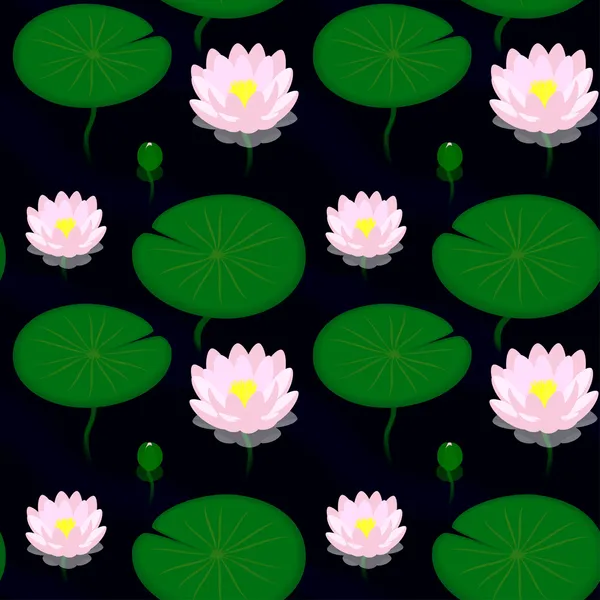 Seamless pattern - Evening pond with lilies, vector illustration — Stock Vector