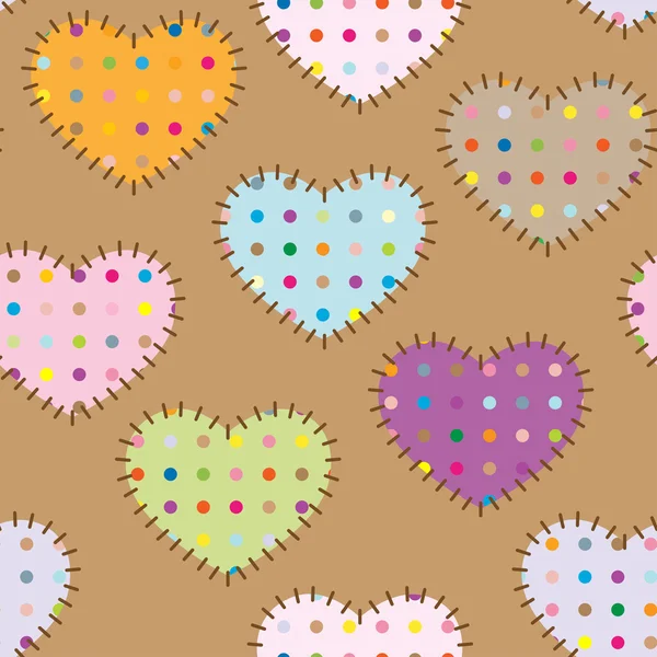 Seamless pattern - colorful patches hearts with dots — Stock Vector