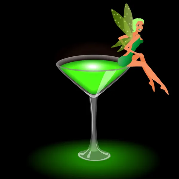 Beautiful green fairy on a glass of absinthe, vector illustration — Stock Vector