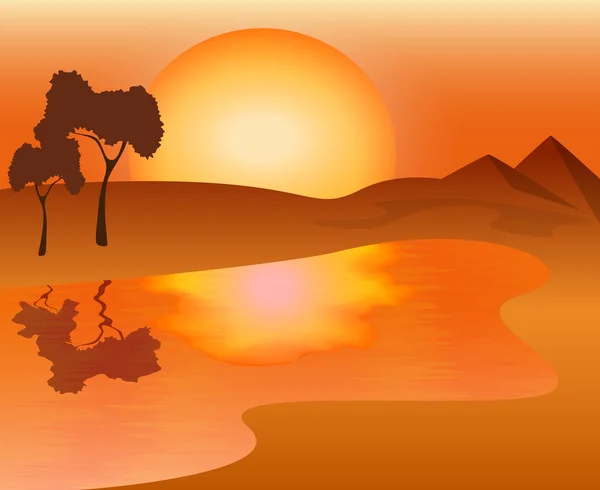 Paisaje africano - puesta de sol en el lago, ilustración vectorial — Vector de stock