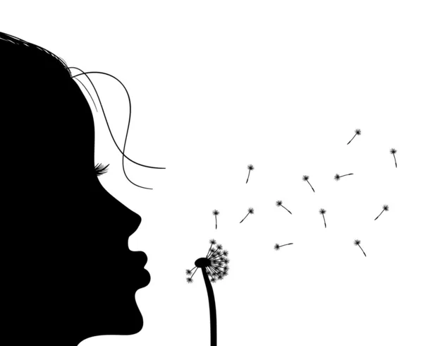Silhouette of girl blowing to dandelion, vector illustration — Stock Vector