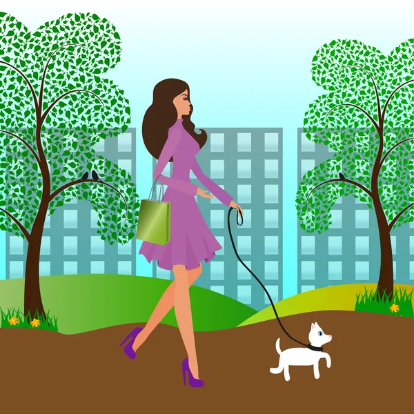 Linda chica paseando con un perro en el parque — Vector de stock