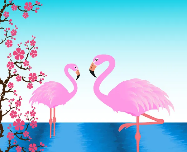 Two flamingos in the pond, postcard, invitation — Stock Vector