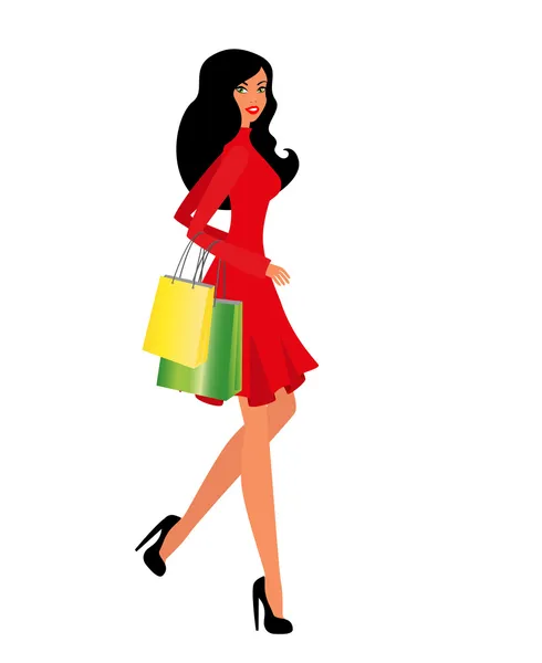 Glückliche Frau kommt mit Einkauf aus dem Laden, Vektor-Illustration — Stockvektor