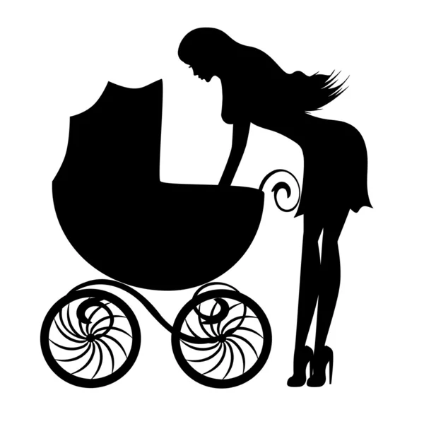 Silhouette einer jungen Frau mit Kinderwagen — Stockvektor