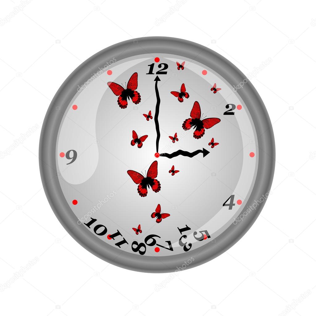 Beautiful wall clock with fluttering butterflies, vector illustration