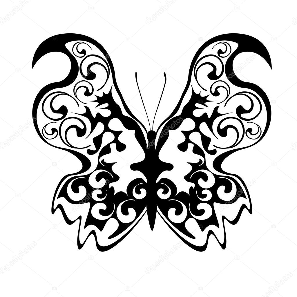Black openwork butterfly on a white background, vector