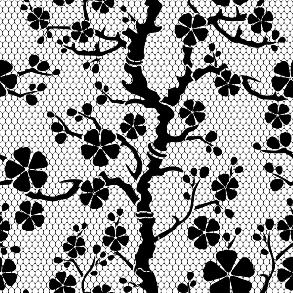 Seamless lace pattern with flowering branch of sakura, vector illustration — Stock Vector