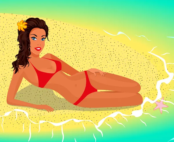 Beautiful girl in a red bathing suit lying on the beach — Stock Vector