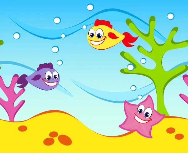 Podwodny świat, dziecko jest rysunek, kolorowe bezszwowe poziomo wektor — Wektor stockowy