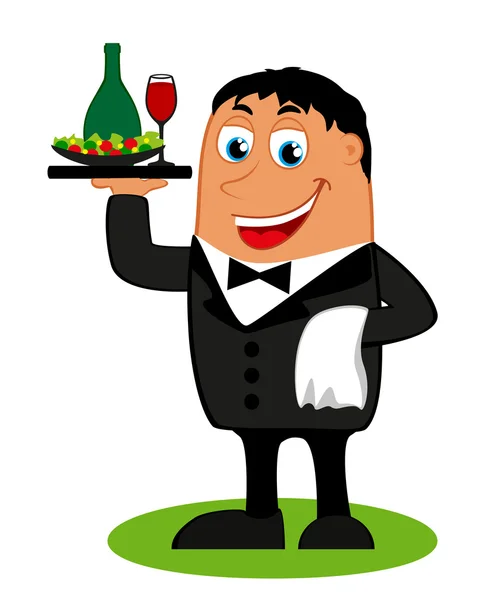 El camarero con bandeja de bebidas y toalla en la mano, ilustración vectorial — Vector de stock
