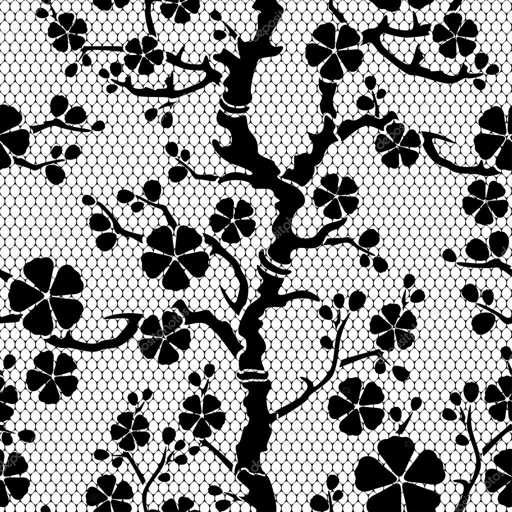 Seamless lace pattern with flowering branch of sakura, vector illustration