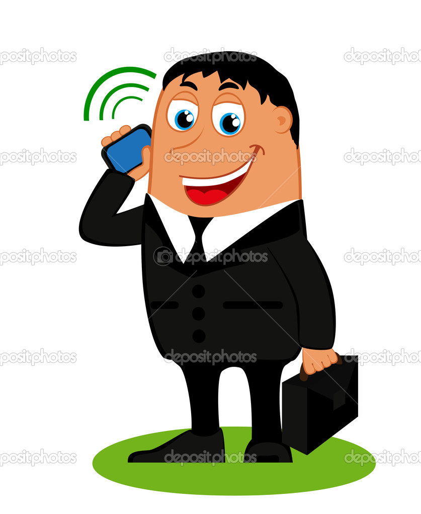 Happy smiling businessman with a suitcase and a phone. Vector illustration