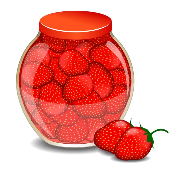 Ein Glas Erdbeermarmelade und Erdbeerbeeren. Vektorillustration — Stockvektor