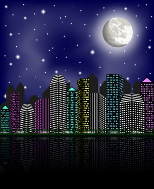gece şehir, berrak gökyüzü ve moon, vektör çizim