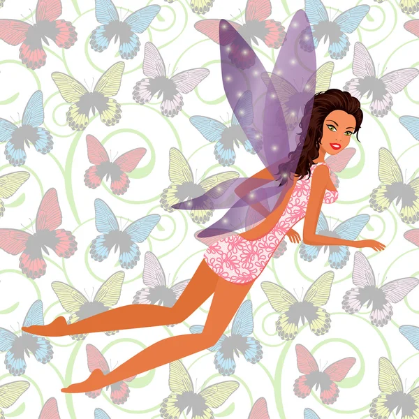 Hermosa hada y fondo con mariposas — Vector de stock