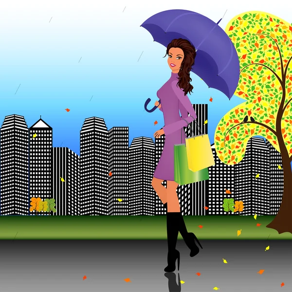Ragazza alla moda che cammina per strada con un ombrello in mano — Vettoriale Stock