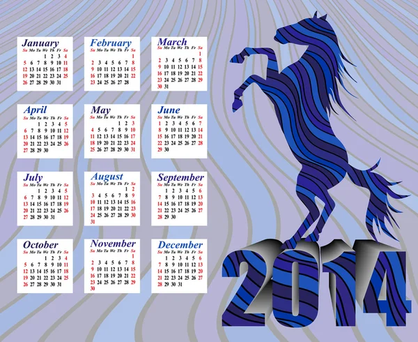 Calendar to a new 2014 year - rearing up graceful silhouette horse — Stock Vector