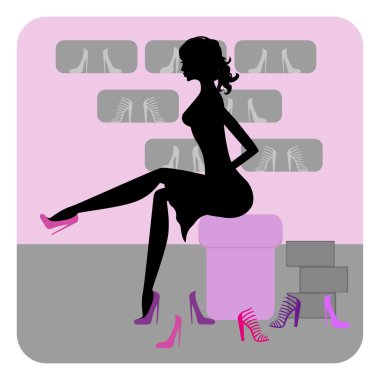 güzel kız silüeti Ayakkabı mağazasında seçer.