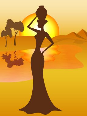 Silhouette of african girl with a pitcher goes to fetch water, vector illustration