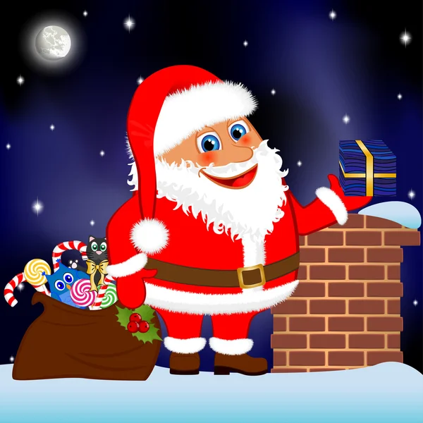 Klasus Santa con una bolsa de regalos en el techo — Vector de stock