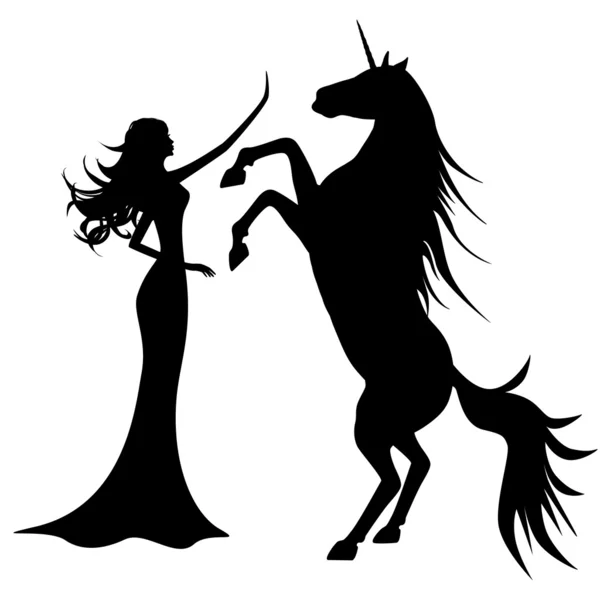 Silhouette of beautiful girl and unicorn — Stock Vector