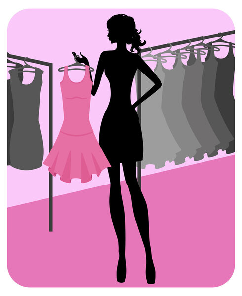 Силуэт красивой девушки выбирает одежду в магазине
